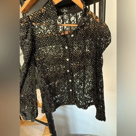 Lulu's Respect Black and White Lace Button-Up Polka Dot Top Size Xs - Picture 5 of 6